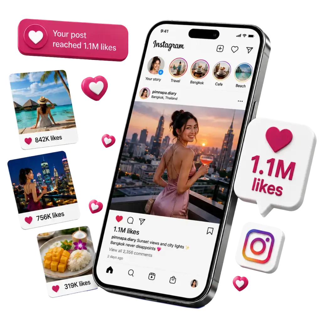 A Thai creator post on Instagram showing 1.1 million likes, with heart icons and three smaller posts floating around the phone.