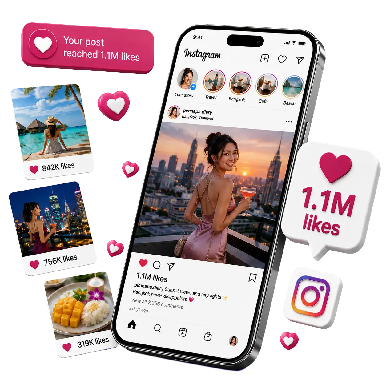 A Thai creator post on Instagram showing 1.1 million likes, with heart icons and three smaller posts floating around the phone.